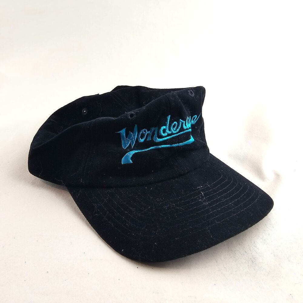 Vintage Wonderware Black Strapback Hat Blue Script Embroidered Cap Casual